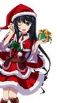  ;d black_eyes black_hair black_ribbon boots bow bowtie box brown_footwear capelet choker collarbone dress gift gift_box green_bow hat holding holding_box knee_boots long_hair looking_at_viewer minamiya_natsuki one_eye_closed open_mouth red_dress red_hat ribbon ribbon_choker santa_costume santa_hat short_dress smile solo standing strike_the_blood transparent_background very_long_hair 