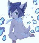  2017 anthro black_nose blue_hair bubble butt canine clothed clothing cub cute digital_media_(artwork) dog fur hair kneeling looking_at_viewer looking_back male mammal moki neckerchief open_mouth panties pawpads paws raised_tail rear_view shota simple_background solo tongue topless underwater underwear water young 