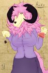  2017 anthro big_breasts breasts caprine clothed clothing colored demon digital_drawing_(artwork) digital_media_(artwork) female front_view fur fur_tuft goat hair hexy horn humanoid_hands long_hair looking_at_viewer mammal mature_female mother multicolored_fur neck_tuft parent pink_hair shadry-chan shadry-x simple_background smile solo standing text tuft yellow_eyes yellow_fur 