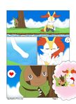  &lt;3 beady_eyes blush bow_tie braixen brown_fur canine comic cute duo eyelashes female flower fox fur heartbeat hedgehog kneeling male mammal musical_note nintendo plant pok&eacute;mon quilladin red_fur sitting smile stick tree video_games water winick-lim yellow_fur 