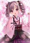 bad_id bad_pixiv_id cherry_blossoms commentary_request drill_hair happy_birthday highres idolmaster idolmaster_cinderella_girls japanese_clothes kanzaki_ranko kimono long_hair looking_at_viewer open_mouth red_eyes silver_hair smile solo tsukigami_runa twin_drills twintails wide_sleeves 