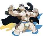  2017 5_fingers abs anthro armpits armwear belt black_nose brown_fur bulge canine chesschirebacon clothing coat fur headband horkeukamui loincloth male mammal multicolored_fur muscular muscular_male nipples open_coat simple_background solo tokyo_afterschool_summoners vambrace white_background white_fur wolf yellow_eyes 