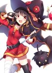  bad_id bad_pixiv_id black_hair black_legwear blush cape cat chomusuke fingerless_gloves gloves hat highres ichiren_namiro kono_subarashii_sekai_ni_shukufuku_wo! looking_at_viewer megumin open_mouth red_eyes short_hair single_thighhigh smile solo staff thighhighs witch_hat 