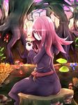  1girl ass dress hair_over_one_eye lavender_hair little_witch_academia mushroom sitting sucy_manbabalan sucy_manbavaran 