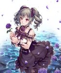  blush choker closed_mouth commentary_request corset drill_hair flower frilled_choker frills gothic_lolita grey_hair hair_ribbon hands_together highres holding holding_flower idolmaster idolmaster_cinderella_girls kanzaki_ranko lolita_fashion long_hair looking_at_viewer nervous_smile petals purple_flower purple_rose purple_skirt red_eyes ribbon rose rose_petals skirt sleeveless solo standing toshi twin_drills twintails water wrist_cuffs 