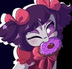  arachnid arthropod blush doughnut fangs female food looking_at_viewer mouth_hold muffet multi_eye one_eye_closed pigtails ribbons solo spider undertale unknown_artist video_games wink 