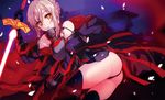  artoria_pendragon_(all) ass black_gloves black_legwear black_panties breastplate eyebrows_visible_through_hair fate/grand_order fate_(series) gloves grey_hair hair_between_eyes holding holding_sword holding_weapon jianmo_sl looking_at_viewer mysterious_heroine_x_(alter) orange_eyes panties parted_lips sidelocks solo sword thighhighs underwear weapon 