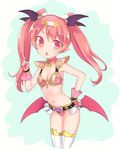  armor bikini_armor blush demon_girl emelia_pris fang fingerless_gloves gloves head_wings highres kyuuri_(miyako) long_hair low_wings navel open_mouth pink_eyes pink_hair pointy_ears pop-up_story solo succubus thighhighs twintails white_legwear wings 