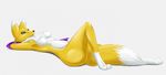  2017 anthro armpits armwear black_sclera blue_eyes breasts bridal_gauntlets butt canine clothing digimon dipstick_tail featureless_breasts female fox fur looking_at_viewer mammal mostly_nude multicolored_tail navel paws renamon simple_background solo tuft white_background white_fur yellow_fur ziravore 