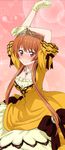  arms_up blush breasts brown_eyes brown_hair cleavage collarbone diadem dress gloves green_gloves jewelry long_hair looking_at_viewer medium_breasts necklace nisekoi short_hair_with_long_locks sidelocks smile solo tachibana_marika yellow_dress 
