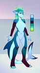  2017 anthro black_sclera black_skin blue_skin breasts claws featureless_breasts featureless_crotch female fin fish giaru_(artist) green_hair hair long_hair looking_at_viewer marine model_sheet nude shark solo toe_claws yellow_eyes 
