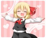  :d ^_^ blonde_hair closed_eyes fang hair_ribbon heart open_mouth outstretched_arms pink_background ribbon rumia shirt short_hair skirt smile spread_arms striped striped_background suwa_yasai touhou vest 