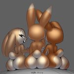  2017 anthro big_butt breasts buckteeth butt countershading digital_media_(artwork) female fluffy fluffy_tail fur grey_background group half-closed_eyes lagomorph looking_back mammal nude open_mouth presenting presenting_hindquarters rabbit side_boob simple_background sitting teeth xylas 