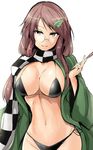  bikini black_bikini breasts brown_eyes brown_hair checkered checkered_scarf cleavage closed_mouth commentary_request cowboy_shot futatsuiwa_mamizou futatsuiwa_mamizou_(human) glasses highres japanese_clothes kiseru large_breasts leaf leaf_on_head long_hair long_sleeves looking_at_viewer open_clothes pince-nez pipe scarf side-tie_bikini smile solo swimsuit touhou wide_sleeves y2 