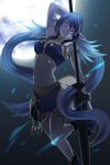  arm_up blue_hair breasts closed_mouth elf full_moon grey_background judith lance leg_up long_hair long_pointy_ears low_twintails medium_breasts midriff moon navel night outdoors outstretched_arm pointy_ears polearm purple_eyes revision setsu solo tales_of_(series) tales_of_vesperia twintails very_long_hair weapon 