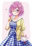  bag between_breasts blush breasts character_print checkered checkered_dress commentary_request cowboy_shot dress eating fate/grand_order fate_(series) food food_on_face fou_(fate/grand_order) glasses hair_over_one_eye handbag heart holding ice_cream jacket looking_at_viewer mash_kyrielight purple_eyes purple_hair sakura_hiyori short_hair solo tongue tongue_out two-tone_background 