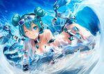  ajigo alternate_hairstyle aqua_eyes aqua_hair armlet bare_shoulders bikini blush double_bun eyewear_on_head goodsmile_company goodsmile_racing hatsune_miku headphones long_hair lying mechanical_wings on_stomach one_eye_closed partially_submerged race_queen racing_miku racing_miku_(2013) smile solo swimsuit twintails vocaloid water white_bikini wings 