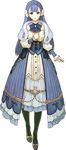  bangs blue_eyes blue_hair bow bowtie braid capelet crown_braid detached_sleeves dress fire_emblem fire_emblem_echoes:_mou_hitori_no_eiyuuou frills full_body fur_trim hair_ornament hand_on_own_chest hidari_(left_side) linea_(fire_emblem) long_hair looking_at_viewer official_art pantyhose shoes solo standing transparent_background 