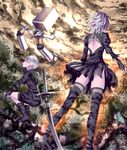  2girl arm black_dress black_gloves black_legwear blindfold boots clouds cloudy_sky dress from_behind full_body gloves gradient_hair katana knee_boots kneeling long_sleeves looking_away mini_skirt multiple_girls nier_(series) nier_automata outdoors outstretched purple_eyes purple_hair robot short_hair standing sun_light sword thighhighs yorha_no._2_type_b yorha_no._9_type_s yusuke_(shiota) 