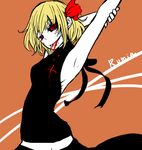  armpits arms_up black_skirt black_sweater blonde_hair blood blood_on_face bloody_clothes bow breasts character_name cowboy_shot darkness hair_bow hair_ribbon halterneck looking_at_viewer medium_breasts meme_attire naughty_face noumen orange_background red_bow red_eyes red_ribbon ribbon ringed_eyes rumia short_hair sideboob skirt sleeveless smile solo sweater tongue tongue_out touhou turtleneck turtleneck_sweater virgin_killer_sweater white_skin 