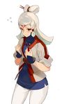  blush brown_eyes closed_mouth hair_ornament jewelry long_hair necklace pantyhose paya_(zelda) pointy_ears sasamori_tomoe simple_background solo the_legend_of_zelda the_legend_of_zelda:_breath_of_the_wild white_background white_hair white_legwear 