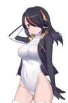  black_hair blush breasts brown_eyes cnm covered_navel emperor_penguin_(kemono_friends) groin hair_over_one_eye headphones highleg highleg_leotard highres jacket kemono_friends large_breasts leotard long_hair looking_at_viewer multicolored_hair open_clothes open_jacket open_mouth simple_background solo thighs two-tone_hair white_background 