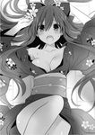  blush breasts cleavage date_a_live eyebrows_visible_through_hair flower from_above greyscale hair_between_eyes hair_flower hair_ornament japanese_clothes kimono long_hair looking_at_viewer lying medium_breasts monochrome novel_illustration obi official_art on_back open_mouth sash solo sweatdrop tsunako very_long_hair yatogami_tooka yukata 