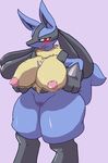  2017 anthro areola big_breasts blue_fur blush breasts canine cula female fur huge_breasts looking_at_viewer lucario mammal nintendo nipples nude pok&eacute;mon pussy simple_background solo tongue video_games 