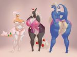  2017 absurd_res alternate_color antennae anthro anthrofied areola aurorus big_breasts big_butt black_fur blue_skin bottomless breasts brown_background butt clothed clothing corset digital_media_(artwork) dinosaur dragon fan_character female fur garter_straps goodra group hair hand_on_butt hi_res horn huge_breasts huge_butt ipan legwear lingerie long_hair looking_at_viewer mega_ampharos mega_evolution nintendo nipples pink_nipples pok&eacute;mon pok&eacute;morph presenting presenting_hindquarters pussy raised_tail sauropod side_boob simple_background slightly_chubby smile standing tight_clothing topless translucent transparent_clothing video_games voluptuous white_fur white_hair white_skin wide_hips 
