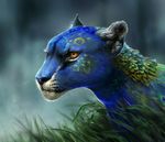  ambiguous_gender avian bird blue_fur blurred_background digital_media_(artwork) feline feral fur grass hybrid leopard mammal peafowl raining solo tamberella 