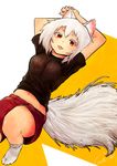  animal_ears arms_behind_head black_shirt breasts carte commentary_request fangs inubashiri_momiji lying medium_breasts midriff navel on_back red_eyes red_shorts shirt short_sleeves shorts solo t-shirt tail touhou white_hair wolf_ears wolf_tail 