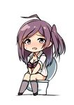  blush bottomless bra breasts check_commentary chibi cleavage commentary_request hagikaze_(kantai_collection) highres kamelie kantai_collection large_breasts masturbation open_clothes open_shirt purple_hair shirt solo sweatdrop toilet toilet_use underwear 