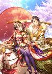  1girl bare_shoulders brown_eyes brown_hair detached_sleeves horse horseback_riding multiple_riders official_art ojyou oriental_umbrella original petals purple_eyes riding short_hair sidesaddle sword thighhighs umbrella weapon 