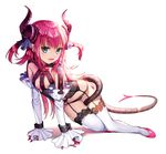  all_fours arm_support ass_visible_through_thighs asymmetrical_horns between_legs black_panties blue_eyes blush breasts commentary detached_sleeves dragon_tail elizabeth_bathory_(fate) elizabeth_bathory_(fate)_(all) eyebrows_visible_through_hair fate/extra fate/extra_ccc fate_(series) fingernails full_body ganik garter_belt horn_ornament lace lace-trimmed_thighhighs lips long_fingernails long_hair looking_at_viewer necktie no_pants open_mouth panties pink_hair pink_lips pink_neckwear pointy_ears shiny simple_background sleeves_past_wrists small_breasts solo sparkle tail thigh_gap thighhighs underwear white_background white_legwear 