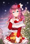  blush bow braid capelet choker christmas christmas_tree flower gift hair_bow hair_flower hair_ornament long_sleeves looking_at_viewer official_art original purple_hair red_flower red_rose rose schubert sid_story side_braids smile solo twin_braids unagipang white_bow 
