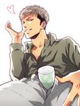  bad_id bad_pixiv_id brown_hair collarbone cup grin hand_on_own_thigh heart jean_kirchstein long_sleeves looking_at_viewer male_focus multicolored_hair phallic_symbol seductive_smile sexually_suggestive shingeki_no_kyojin simple_background smile solo spread_legs two-tone_hair undercut white_background yuuki_ichitaka 