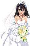  :d black_hair blush bouquet breasts bridal_veil brown_eyes cleavage collarbone dress earrings elbow_gloves flower gloves hair_between_eyes himeragi_yukina holding holding_bouquet jewelry long_hair looking_at_viewer medium_breasts necklace open_mouth sleeveless sleeveless_dress smile solo standing strapless strapless_dress strike_the_blood transparent_background veil wedding_dress white_dress white_flower 