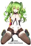  breasts character_name choker copyright_name full_body girls_frontline green_hair hair_between_eyes jewelry long_hair looking_at_viewer luse_maonang m950a_(girls_frontline) medium_breasts necklace open_clothes open_shorts short_shorts shorts solo thighhighs torn_clothes twintails yellow_eyes 