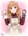  1girl 2019 :d ahoge apron artist_name asashio_(kantai_collection) black_hair braid brown_eyes cloud_hair_ornament commentary_request dated dress eyebrows_visible_through_hair hand_puppet highres kantai_collection light_brown_hair long_hair looking_at_viewer minegumo_(kantai_collection) neck_ribbon northern_ocean_hime open_mouth pinafore_dress pink_background puppet purple_sweater red_ribbon remodel_(kantai_collection) ribbon simple_background smile solo sweater turtleneck turtleneck_sweater twin_braids uratomomin white_hair 