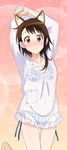  animal_ears arms_up barefoot bikini brown_eyes brown_hair cat_ears collarbone cowboy_shot leg_up looking_at_viewer nisekoi onodera_kosaki see-through shiny shiny_skin short_hair_with_long_locks side-tie_bikini sidelocks solo standing sweater swimsuit white_sweater 