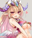  blonde_hair blush bottomless bouncing_breasts breasts covering covering_crotch demon_girl earrings embarrassed fang feathered_wings finger_to_mouth grey_background heart heart_earrings horns implied_masturbation jewelry lilith_(p&amp;d) long_hair low_wings marshmallow_mille medium_breasts navel open_mouth out-of-frame_censoring pointy_ears puzzle_&amp;_dragons red_eyes solo sweat twitter_username underboob wings 