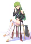  bare_shoulders boots breasts c.c. code_geass crossed_arms detached_sleeves fateline_alpha green_hair high_heel_boots high_heels highres long_hair medium_breasts sitting smile solo stool thigh_boots thighhighs white_background white_legwear yellow_eyes 