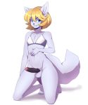  anthro balls black_penis bottomless bra canid canine canis clothed clothing dog erection fluffy fluffy_tail fur girly grey_fur hand_on_chest kneeling looking_at_viewer male mammal navel penis simple_background smile solo suelix toni_(radvengeance) underwear white_background 