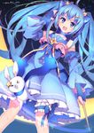  aluppia blue_eyes blue_hair bunny detached_sleeves fingerless_gloves gloves hair_ornament hairclip hatsune_miku highres leg_garter long_hair one_eye_closed open_mouth star_night_snow_(vocaloid) twintails very_long_hair vocaloid wand yuki_miku yukine_(vocaloid) 