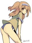  10011018 1girl ass blush breasts brown_eyes brown_hair cowboy_shot eyebrows_visible_through_hair from_behind hairband i-26_(kantai_collection) kantai_collection light_brown_eyes light_brown_hair long_hair looking_at_viewer medium_breasts school_swimsuit short_sleeves simple_background solo swimsuit twitter_username two-tone_hairband two_side_up white_background 