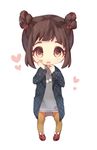  blush bow brown_hair chibi coat eyebrows_visible_through_hair hair_bow hands_on_own_cheeks hands_on_own_face heart highres khakis looking_at_viewer open_mouth orange_eyes original red_bow red_footwear sencha_(senta_10) shoes short_hair solo 