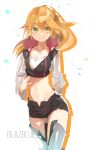  1girl black_shorts blazblue blonde_hair boots breasts cleavage collarbone copyright_name eyebrows_visible_through_hair floating_hair green_eyes hair_between_eyes hyakuhachi_(over3) long_hair long_sleeves looking_at_viewer midriff navel noel_vermillion short_shorts shorts simple_background sketch small_breasts smile solo standing stomach thigh_boots thighhighs very_long_hair white_background white_footwear white_sleeves zettai_ryouiki 