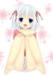  1girl :d artist_request ass barefoot blue_eyes character_request collarbone copyright_request feet floral_background full_body hair_ribbon looking_at_viewer open_mouth panties red_ribbon ribbon short_hair sitting soles solo strawberry_panties strawberry_print toes white_hair 