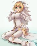  1girl :d absurdres ahoge blonde_hair bodysuit boots breasts fate/extra fate/extra_ccc fate_(series) flower gloves green_eyes hair_flower hair_ornament head_wreath highres large_breasts namec0 nero_claudius_(bride)_(fate) nero_claudius_(fate)_(all) open_mouth shiny shiny_hair sidelocks simple_background sitting smile solo white_background white_bodysuit white_flower white_footwear white_gloves 
