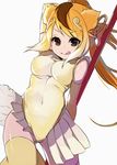  :q absurdres animal_ears arm_behind_back arm_up bare_shoulders blonde_hair bracelet breasts brown_eyes brown_hair circlet covered_navel covered_nipples elbow_gloves eyebrows eyebrows_visible_through_hair eyelashes gloves golden_snub-nosed_monkey_(kemono_friends) gradient_hair grey_background groin high_ponytail highres holding holding_weapon jewelry kemono_friends leotard licking_lips long_hair looking_at_viewer medium_breasts monkey_ears monkey_tail multicolored_hair omucchan_(omutyuan) orange_hair pleated_skirt ponytail sidelocks simple_background skirt smile solo staff tail tongue tongue_out tsurime very_long_hair weapon white_hair white_skirt yellow_gloves yellow_leotard 